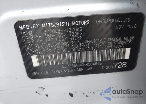 2019 Mitsubishi Mirage Le из США, поврежденный, VIN ML32A5HJ0KH004685